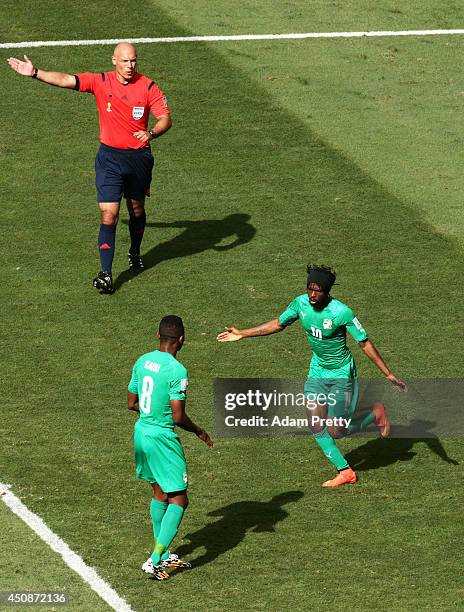 Gervinho of the Ivory Coast celebrates wtih teammate Salomon Kalou of the Ivory Coast after scoring his team's first goal during the 2014 FIFA World...