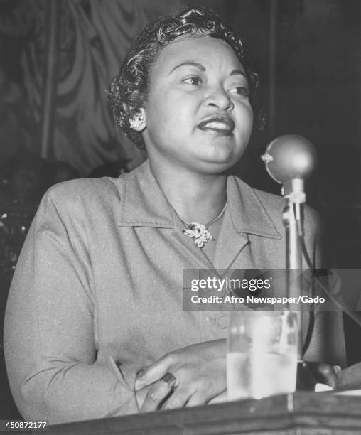 Mamie Bradley, mother of lynched teenager Emmett Till, delivers a speech, Baltimore, Maryland, 1955.