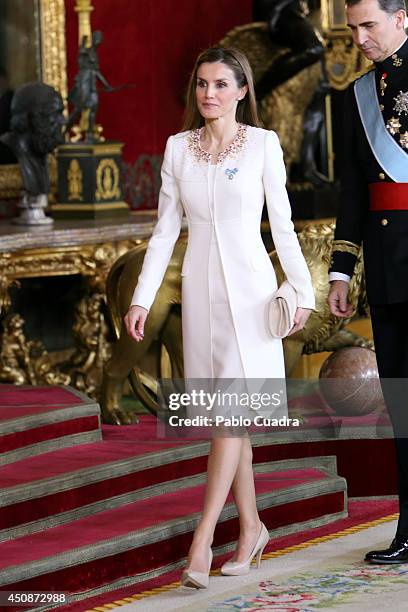 King Felipe VI of Spain and Queen Letizia of Spain attend a reception at the Royal Palace after the King's official coronation at the parliament on...