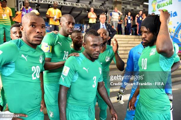 Captain Yaya toure and players of Ivory Coast wait for second half in the tunnel during the 2014 FIFA World Cup Brazil Group C match between Colombia...