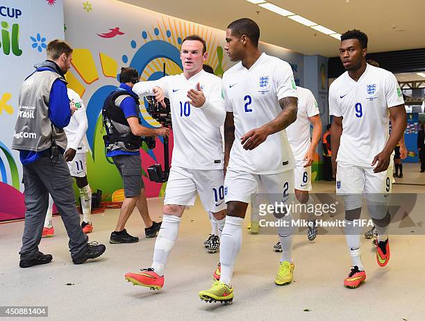 Wayne Rooney, Glen Johnson and Daniel Sturridge of England walk in the tunnel to the dressing room during the 2014 FIFA World Cup Brazil Group D...
