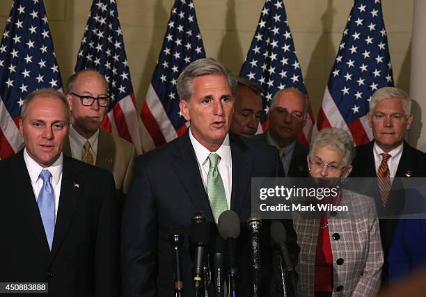 Newly elected House Majority Leader Rep Kevin Mccarthy talks to the media after a House Republican Conference meeting June 19, 2014 on Capitol Hill...