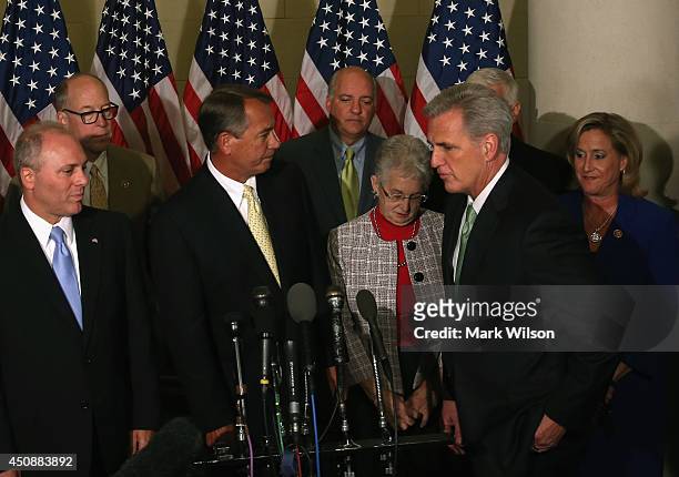 Newly elected House Majority Leader Rep Kevin Mccarthy steps up to the microphone to the speak to the media after a House Republican Conference...