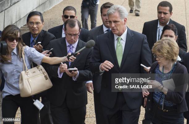 Newly-elected House Republican Majority Leader Kevin McCarthy , speaks to the media following Republican leadership elections on Capitol Hill in...