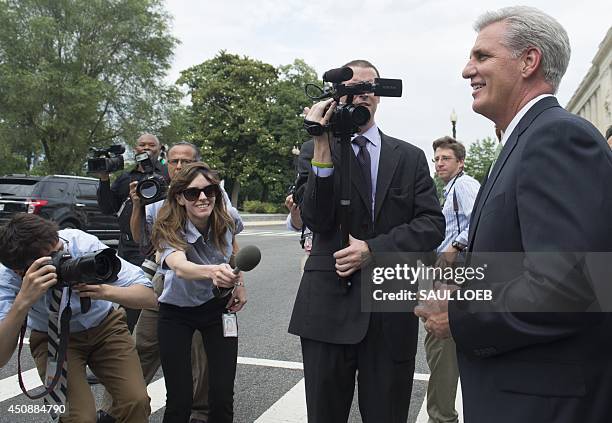 Newly-elected House Republican Majority Leader Kevin McCarthy , speaks to the media following Republican leadership elections on Capitol Hill in...