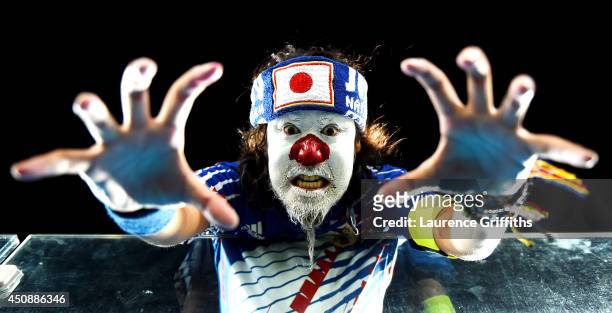 Japan fan shows support prior to the 2014 FIFA World Cup Brazil Group C match between Japan and Greece at Estadio das Dunas on June 19, 2014 in...