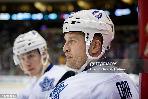 Colton Orr of the Toronto Maple Leafs looks on during the game against the Minnesota Wild on November 13, 2013 at Xcel Energy Center in St Paul,...