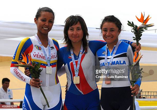 Gold medallist Karla Vallejos of Chile, Silver medallist Daniely Garcia of Venezuela and Bronze medallist Cynthia Lee of El Salvador, in the Final of...