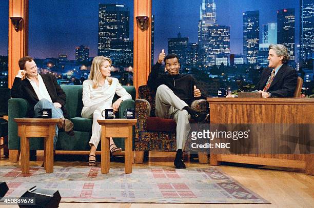 Episode 759 -- Pictured: Actor Gary Sinise, actress Bridgette Wilson, and actor David Alan Grier during an interview with host Jay Leno on September...