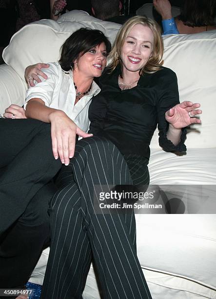 Tiffani Thiessen & Jennie Garth during Fox Television 2002-2003 Upfront Party at Pier 88 in New York City, New York, United States.