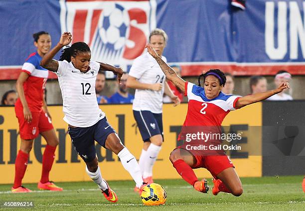 Elodie Thomis of France, tries to keep the ball from Sydney Leroux of the United States during a game between France and the United States June 19,...