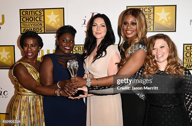 Actresses Uzo Aduba, Danielle Brooks, Laura Prepon, Laverne Cox and Natasha Lyonne, winners of Best Comedy Series "Orange Is the New Black", pose in...