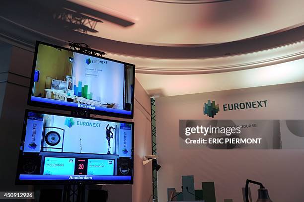 Picture shows screens showing Euronext Amsterdam and Brussels views prior a bell ceremony to launch the group's Initial Public Offering at the...