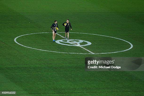 Brett Deledio and Nathan Foley of the Tigers inspect the centre circle during the round 14 AFL match between the Richmond Tigers and the Sydney Swans...
