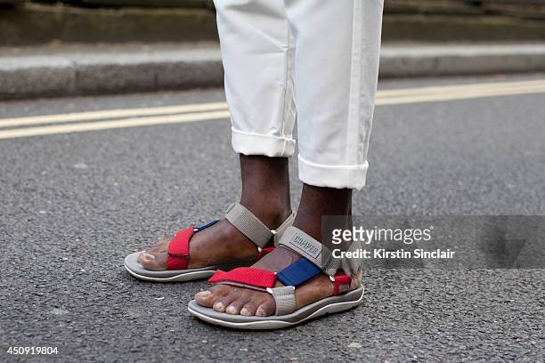Fashion Blogger Jalan Durimel wears Forever 21 trousers, Camper sandals on day 3 of London Collections: Men on June 17, 2014 in London, England.
