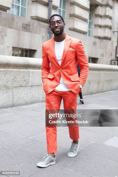 Singer Tinie Tempah wears a Richard James suit on day 2 of London Collections: Men on June 16, 2014 in London, England.