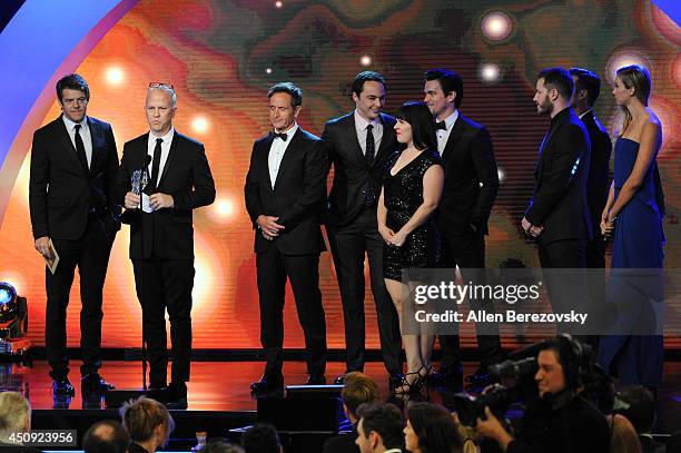 Producer Jason Blum, writer/director Ryan Murphy, producer Dante Di Loreto, actors Jim Parsons and Matt Bomer, and producer Gina Lamar accept the...