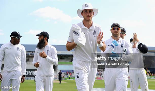 Stuart Broad of England leaves the field after his first innings hat trick during day one of 2nd Investec Test match between England and Sri Lanka at...