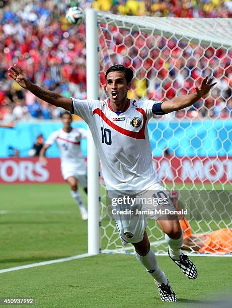 Bryan Ruiz of Costa Rica celebrates scoring his team's first goal during the 2014 FIFA World Cup Brazil Group D match between Italy and Costa Rica at...