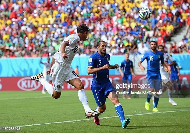 Bryan Ruiz of Costa Rica scores his team's first goal on a header during the 2014 FIFA World Cup Brazil Group D match between Italy and Costa Rica at...