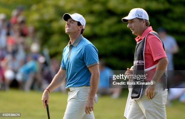 Rory McIlroy of Northern Ireland walks off of the 18th green after missing the cut during the second round of the Irish Open at the Fota Island...