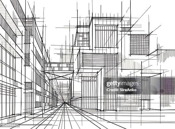 black and white lines drawn into an architectural drawing - office rows stock illustrations