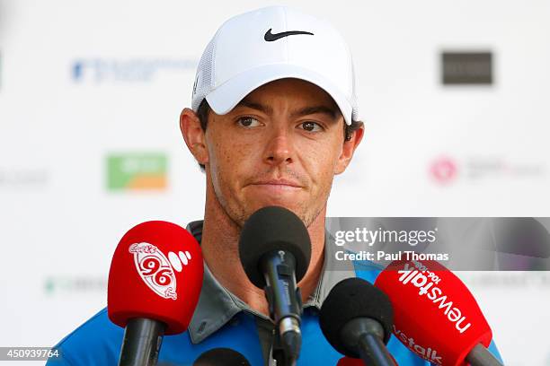 Rory McIlroy of Northern Ireland reacts in a press conference during the second round of The Irish Open at Fota Island resort on June 20, 2014 in...