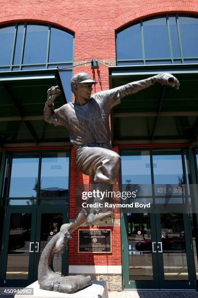 Raymond Graf's Pee Wee Reese statue sits outside Louisville Slugger Field, home of the Louisville Bats baseball team on May 31, 2014 in Louisville,...