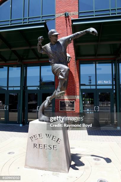 Raymond Graf's Pee Wee Reese statue sits outside Louisville Slugger Field, home of the Louisville Bats baseball team on May 31, 2014 in Louisville,...