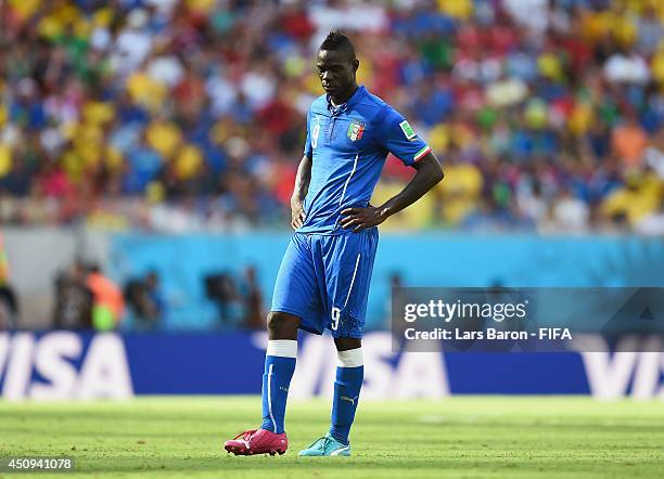 Mario Balotelli of Italy looks on during the 2014 FIFA World Cup Brazil Group D match between Italy and Costa Rica at Arena Pernambuco on June 20,...