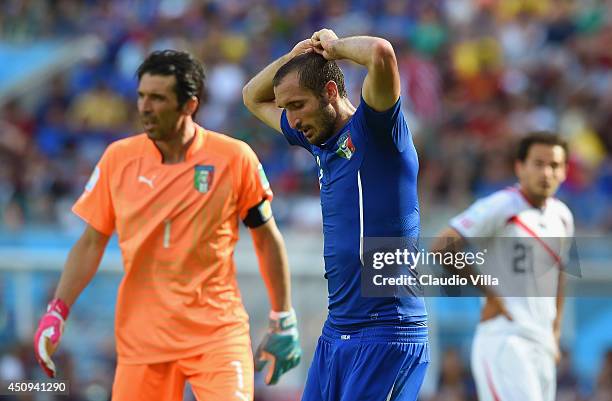 Giorgio Chiellini of Italy looks dejected during the 2014 FIFA World Cup Brazil Group D match between Italy and Costa Rica at Arena Pernambuco on...