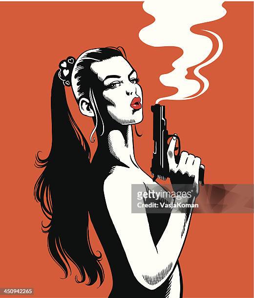 stockillustraties, clipart, cartoons en iconen met beautiful woman with a smoking gun - smoke physical structure