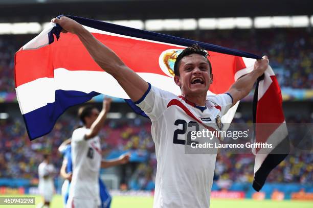 Jose Miguel Cubero of Costa Rica celebrates after defeating Italy 1-0 during the 2014 FIFA World Cup Brazil Group D match between Italy and Costa...