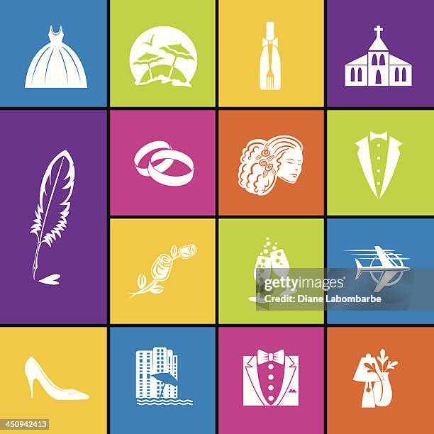 wedding icon set in bold colors - beach wedding stock illustrations