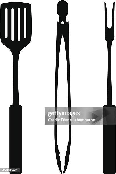 bildbanksillustrationer, clip art samt tecknat material och ikoner med cartoon bbq tool set silhouette - serveringsredskap