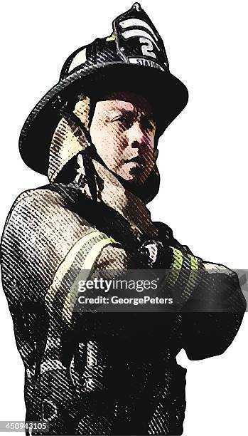 feuerwehrmann nachdenklich - feuerwehrhelm stock-grafiken, -clipart, -cartoons und -symbole