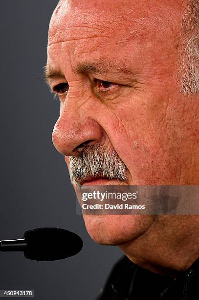 Head coach Vicente Del Bosque of Spain faces the media during a Spain press conference at Centro de Entrenamiento do Caju on June 20, 2014 in...