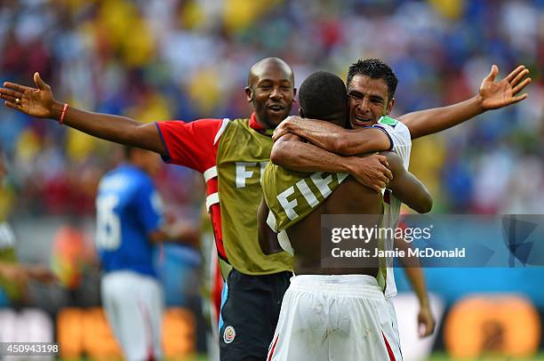 Michael Umana of Costa Rica celebrates with teammates after defeating Italy 1-0 during the 2014 FIFA World Cup Brazil Group D match between Italy and...