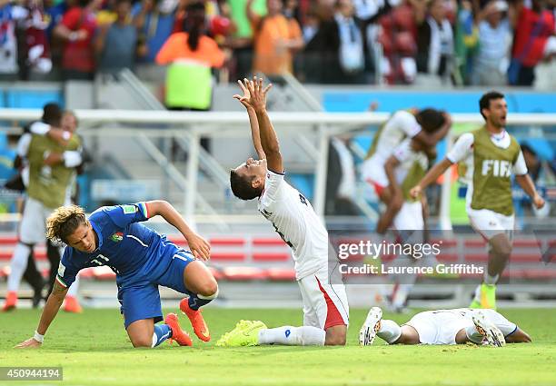 Michael Umana of Costa Rica celebrates a 1-0 victory over Italy in the 2014 FIFA World Cup Brazil Group D match between Italy and Costa Rica at Arena...