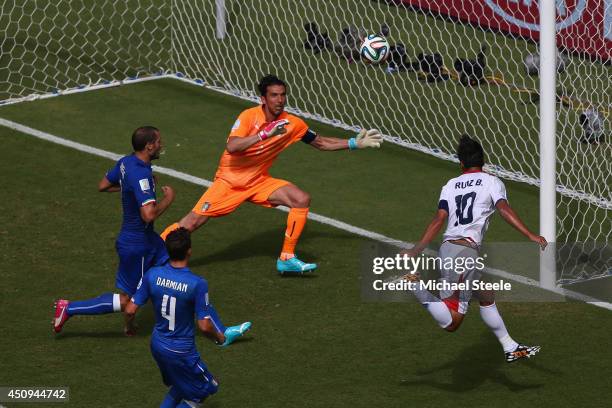 Bryan Ruiz of Costa Rica scores his team's first goal past Gianluigi Buffon of Italy during the 2014 FIFA World Cup Brazil Group D match between...