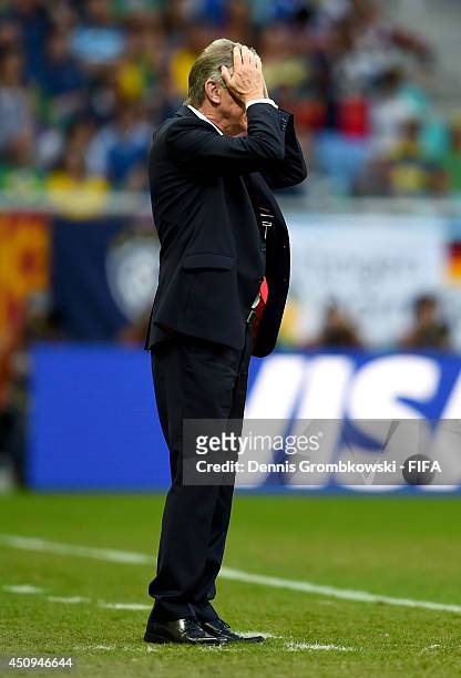 Head coach Ottmar Hitzfeld of Switzerland looks on during the 2014 FIFA World Cup Brazil Group E match between Switzerland and France at Arena Fonte...