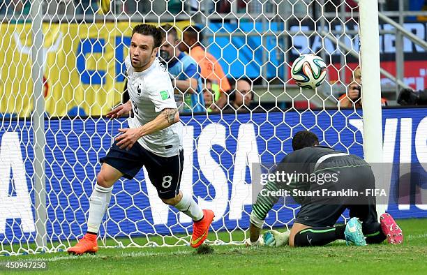 Mathieu Valbuena of France celebrates scoring his team's third goal during the 2014 FIFA World Cup Brazil Group E match between Switzerland and...