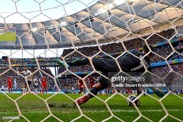 Diego Benaglio of Switzerland saves a penalty shot by Karim Benzema of France during the 2014 FIFA World Cup Brazil Group E match between Switzerland...