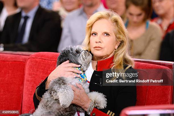 Main Guest, singer Sylvie Vartan and her dog attend the 'Vivement Dimanche' French TV Show, held at Pavillon Gabriel on November 20, 2013 in Paris,...