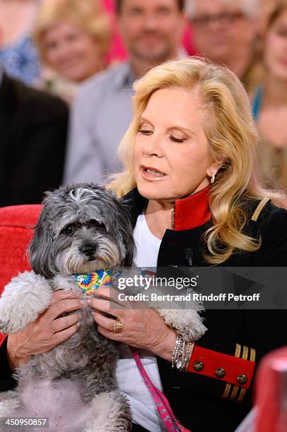 Main Guest, singer Sylvie Vartan and her dog attend the 'Vivement Dimanche' French TV Show, held at Pavillon Gabriel on November 20, 2013 in Paris,...