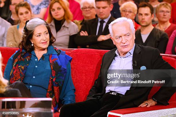 Actress of Theater piece 'Sonate d'automne' Francoise Fabian with journalist and writer of the book 'Un americain peu tranquille' Philippe Labro...