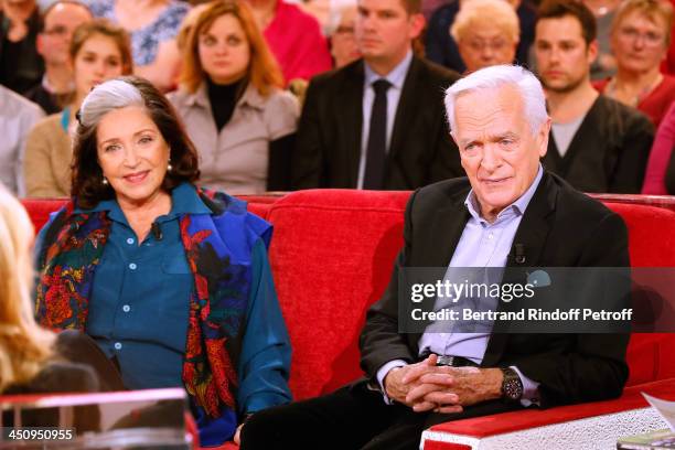 Actress of Theater piece 'Sonate d'automne' Francoise Fabian with journalist and writer of the book 'Un americain peu tranquille' Philippe Labro...