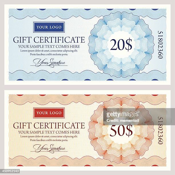 gift certificate template in two colors - certificate template stock illustrations