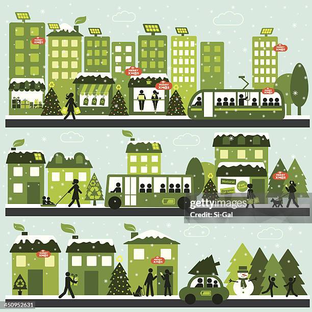 stockillustraties, clipart, cartoons en iconen met sustainable christmas city - alternatieve brandstofvoertuig