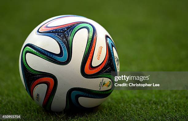 Close-up of the "Brazuca" match ball during the 2014 FIFA World Cup Brazil Group E match between Switzerland and France at Arena Fonte Nova on June...